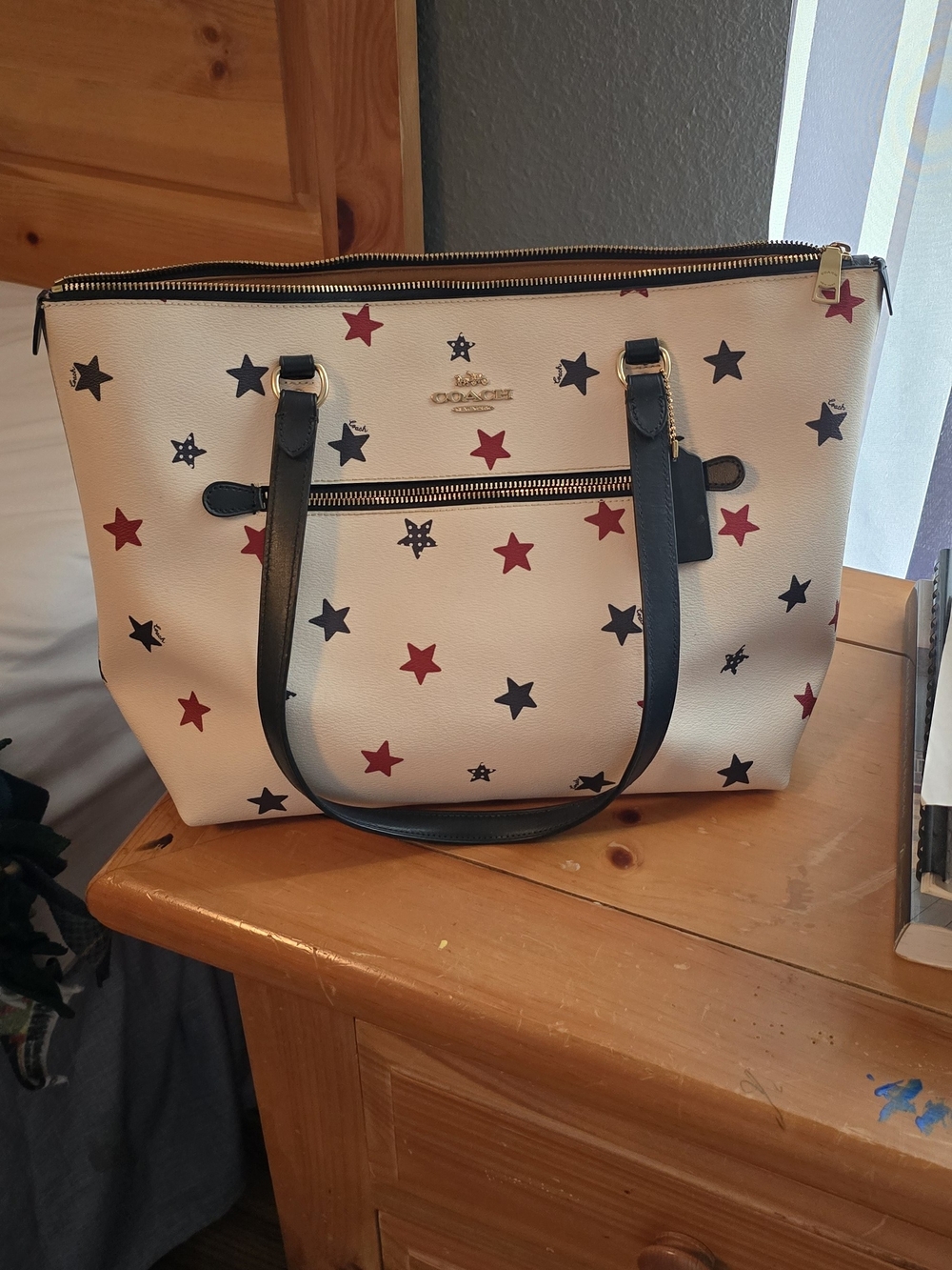 Coach Star Print Leather Tote - White with Red & Navy Stars